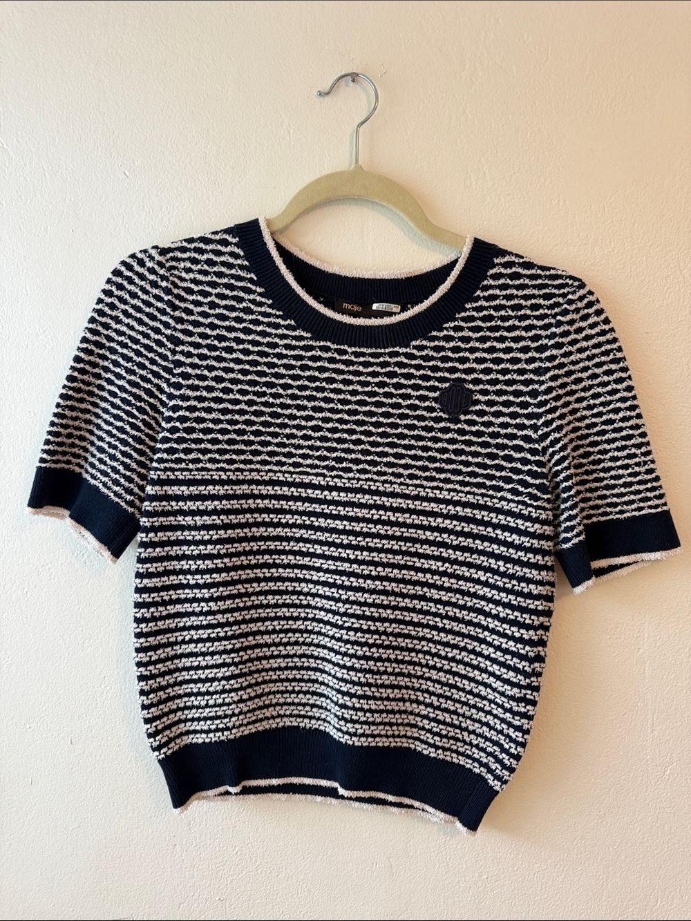 Maje Navy and White Striped Short-Sleeve Crew Sweater